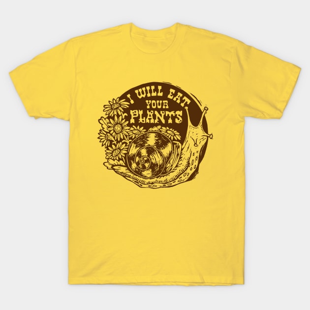 Snail Garden Battle Brown T-Shirt by Woah there Pickle